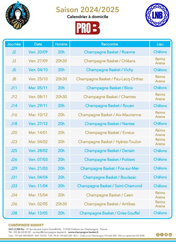 Calendrier des matchs a domicile champagne basket saison 2023/2024